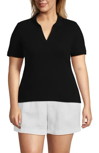 Lands' End Plus Size Short Sleeve Polished Rib Polo In Black