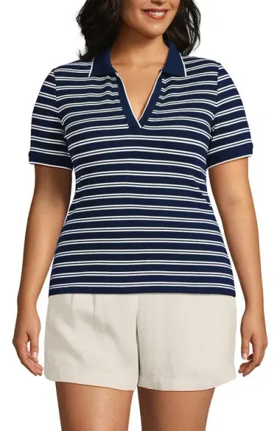 Lands' End Plus Size Short Sleeve Polished Rib Polo In Deep Sea Navy Dual Stripe