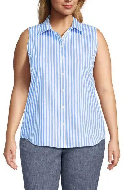 Lands' End Plus Size No Iron Sleeveless Shirt In Chicory Blue Stripe