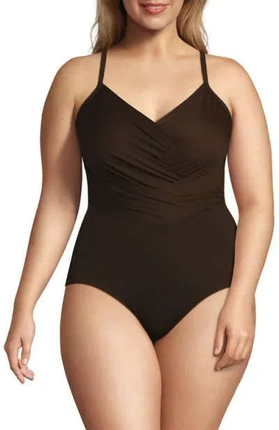 Lands' End Plus Size Slender Suit Pleated X-back One Piece Swimsuit In Rich Coffee