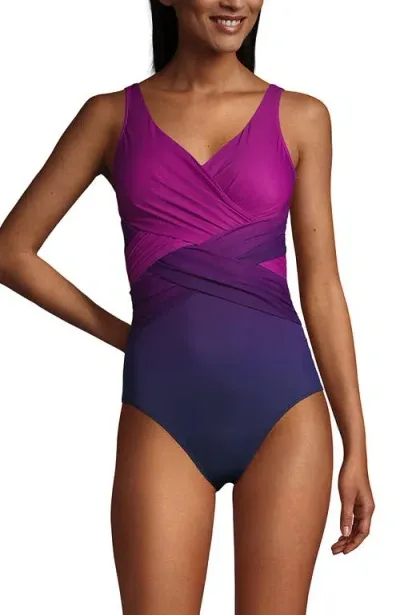 Lands' End Slendersuit Tummy Control V-neck Wrap One Piece Swimsuit In Violet Rose/navy Ombre