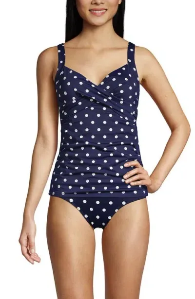 Lands' End Wrap Underwire Tankini Top Swimsuit In Deep Sea Polka Dot