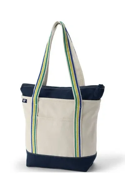 Lands' End Zip Top Long Handle Canvas Tote Bag In Natural/radiant Navy Stripe