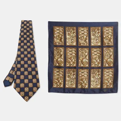 Pre-owned Lanvin Blue Printed Satin Silk Pocket Square And Traditional Tie