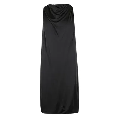 Lanvin Brooch-detailed Satin Midi Dress In Noir