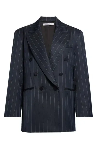 Laquan Smith Pinstripe Double Breasted Oversize Boyfriend Blazer In Navy