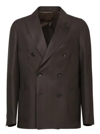 Lardini Double-breasted Prince Of Wales Checked Virgin Wool Suit Jacket In Brown