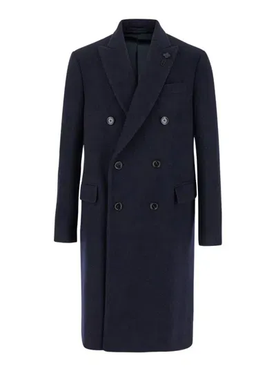 Lardini Blue Double-breasted Coat With Peak Revers In Wool Man In Black