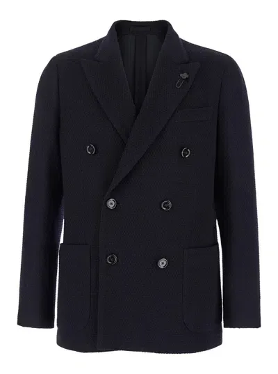 Lardini Blue Double-breasted Jacket With Logo Pin In Knit Man In Black