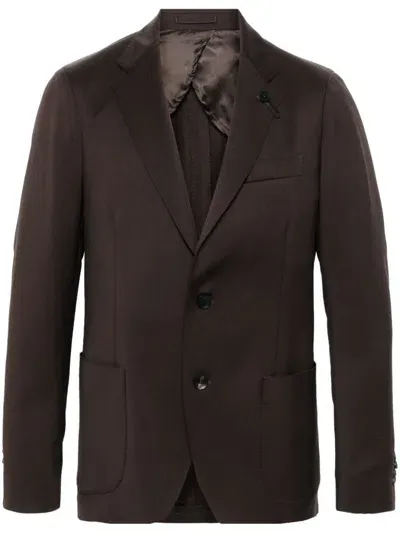 Lardini Brooch-logo Appliqué Blazer In Brown