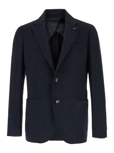 Lardini Blue Single-breasted Jacket With Logo Pin In Wool And Cotton Blend Man