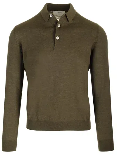 Lardini Green Wool Long-sleeved Polo Shirt In Brown