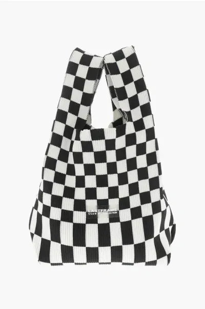 Last Frame Knitted Checked Tote Bag With Faux Leather Shoulder Strap In Black