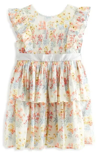 Laura Ashley Babies'  Kids' Smocked Flutter Sleeve Tiered Cotton Dress In Ivory/coral Floral