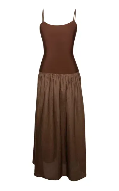 Laura Garcia Lauren Drop-waist Jersey-linen Maxi Dress In Brown