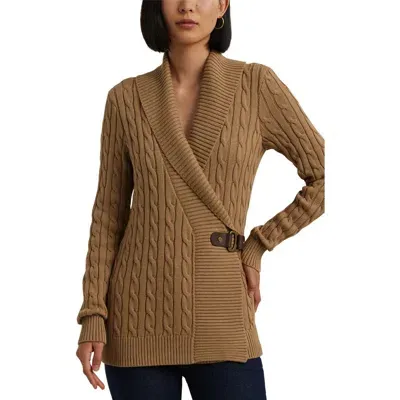 Lauren Ralph Lauren Cable Stitch Cotton Wrap Cardigan In Classic Camel