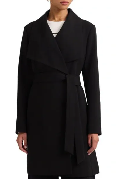 Lauren Ralph Lauren Drape Lapel Belted Crepe Longline Coat In Black