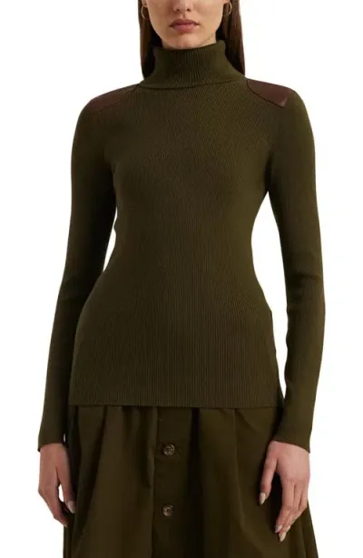 Lauren Ralph Lauren Embellished Rib Cotton Blend Turtleneck Top In Botanic Green