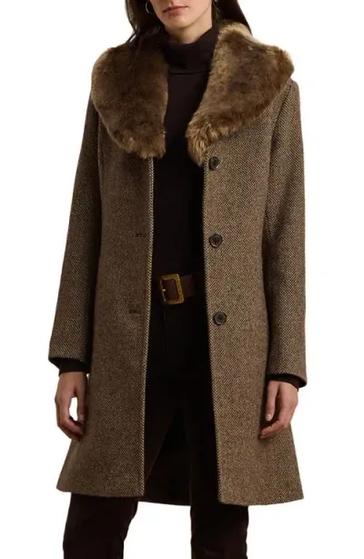 Lauren Ralph Lauren Faux Fur Collar Wool Blend Coat In Broken Twill