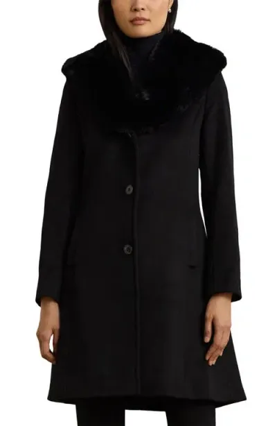 Lauren Ralph Lauren Faux Fur Trim Wool Blend Coat In Black