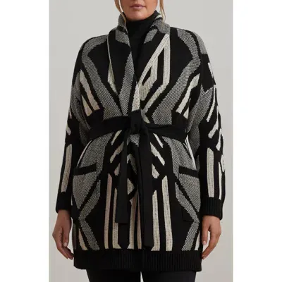 Lauren Ralph Lauren Geo-motif Belted Cardigan In Black/mascarpone Cream