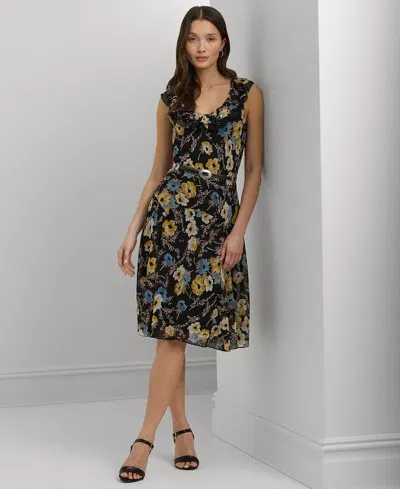 Lauren Ralph Lauren Petite Belted A-line Dress In Black Multi