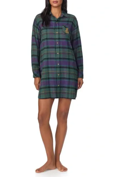 Lauren Ralph Lauren Plaid Flannel Embroidered Sleepshirt In Green Plaid