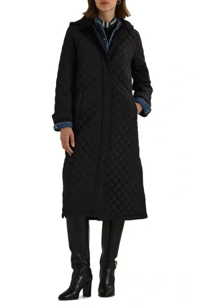 Lauren Ralph Lauren Quilted Hooded Long Coat In Black