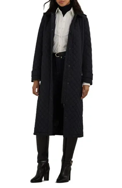 Lauren Ralph Lauren Quilted Hooded Long Coat In Dark Navy