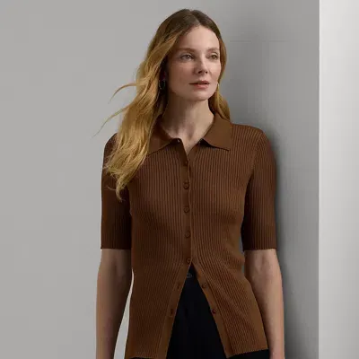 Lauren Ralph Lauren Rib-knit Elbow-sleeve Polo Cardigan In Dark Terracotta