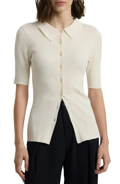 Lauren Ralph Lauren Rib Knit Elbow Sleeve Polo Cardigan In Mascarpone Cream