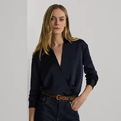 Lauren Ralph Lauren Satin Charmeuse Surplice Blouse In Lauren Navy