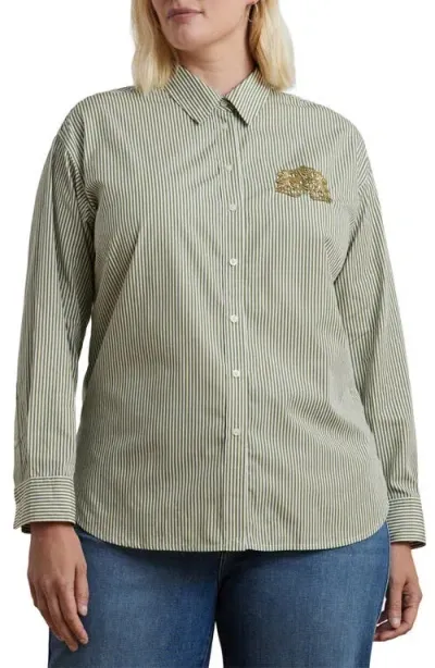 Lauren Ralph Lauren Stripe Lion Crest Cotton Button-up Shirt In Olive/white