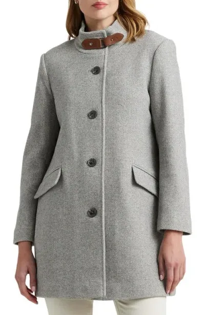 Lauren Ralph Lauren Tab Front Wool Blend Coat In Light Grey Herringbone