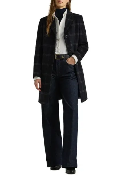 Lauren Ralph Lauren Windowpane Check Wool Blend Reefer Coat In Navy/grey Windowpane