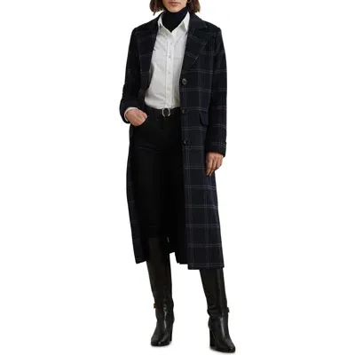 Lauren Ralph Lauren Windowpane Plaid Longline Wool Blend Reefer Coat In Navy Blue/grey Windowpane