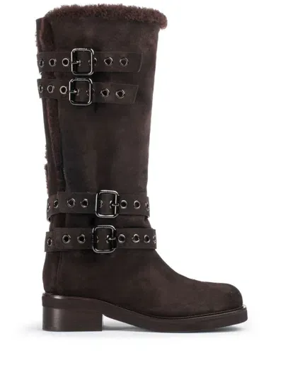 Le Silla Harley Buckled Suede Boots In Brown