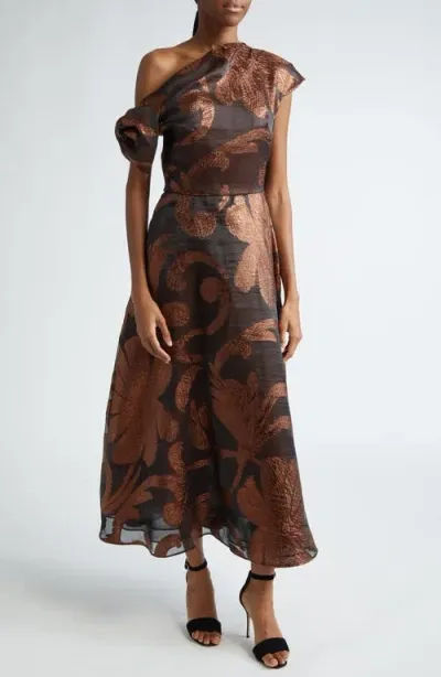 Lela Rose Evelyn Asymmetric Neck Metallic Jacquard Dress In Chestnut