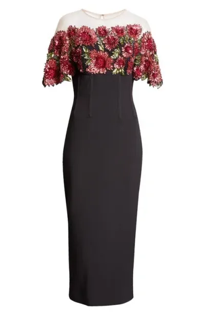 Lela Rose Floral Embellished Bodice Body-con Dress In Black/pink