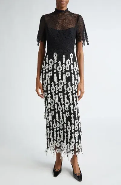 Lela Rose Floral Embroidered Tiered Lace Dress In Black/white