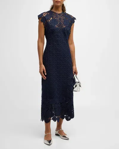 Lela Rose Floral Lace Pencil Dress In Navy