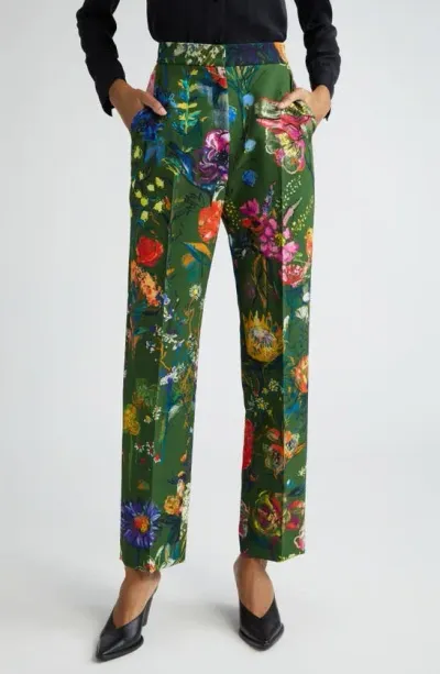 Lela Rose Demi Floral-print Straight-leg Ankle Pants In Moss