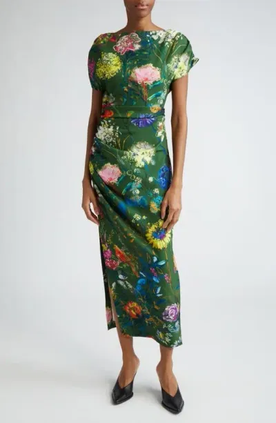 Lela Rose Floral-print Ruched Short-sleeve Midi Dress In Moss