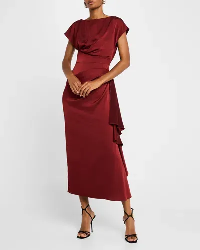 Lela Rose Florence Draped Short-sleeve Midi Dress In Bordeaux