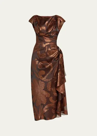 Lela Rose Florence Metallic Midi Dress With Draped Detail In Chestnut