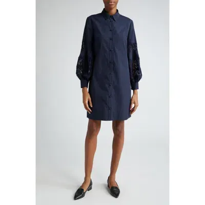 Lela Rose Lace Inset Long Sleeve Stretch Cotton Shirtdress In Navy