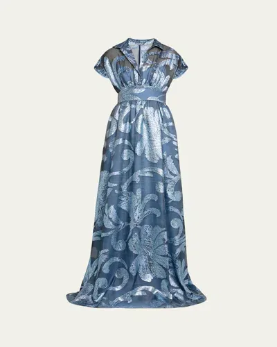 Lela Rose Metallic Floral Collared Gown In Oxford