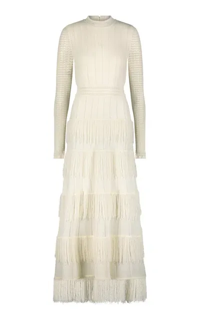 Lela Rose Piper Fringed Knit Maxi Dress In Ivory