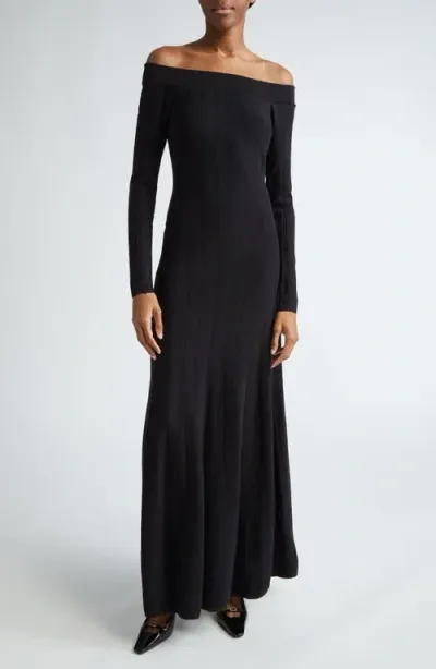 Lela Rose Pointelle Off The Shoulder Long Sleeve Sweater Dress In Black