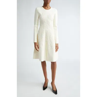 Lela Rose Puckered Floral Long Sleeve Sweater Dress In Ivory